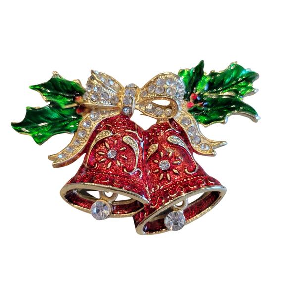 Vintage Christmas Bells Brooch Red Enamel Green Holly Gold Tone Rhinestone Bow - Picture 9 of 11